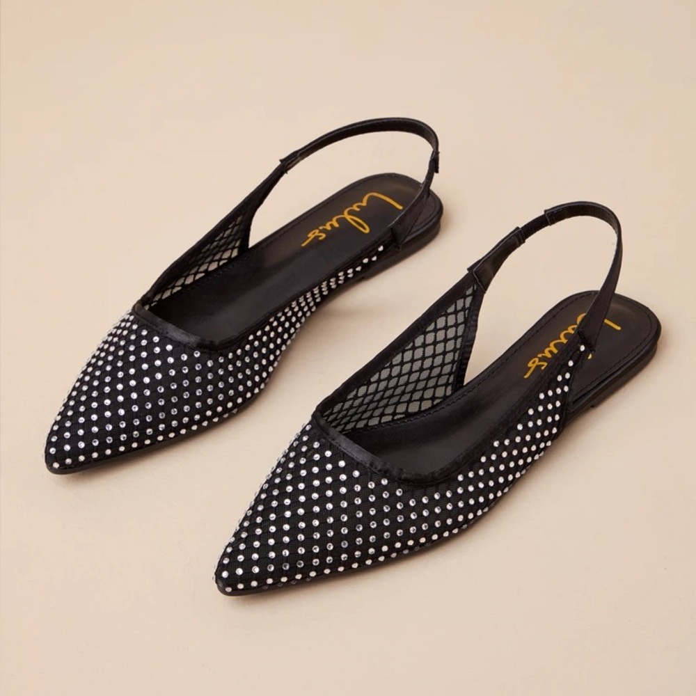 Lulus Black Mesh Rhinestone Pointed-Toe Slingback Flats